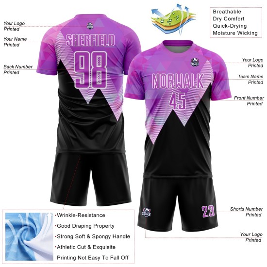 Maillot de football personnalisé à motif géométrique violet, noir et blanc, sublimé Maillot de football personnalisé à motif géométrique violet, noir et blanc, sublimé