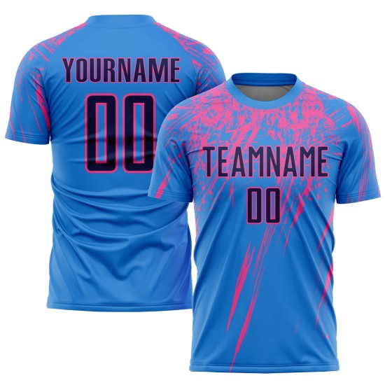 Maillot de football personnalisé bleu poudre, bleu marine et rose, sublimé Maillot de football personnalisé bleu poudre, bleu marine et rose, sublimé