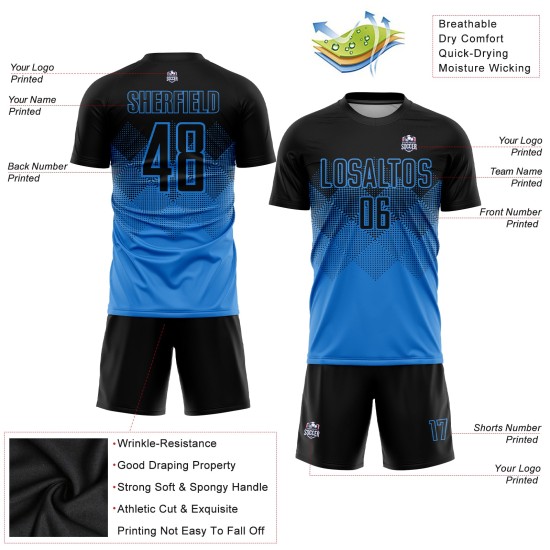 Maillot de football personnalisé bleu poudre noir par sublimation Maillot de football personnalisé bleu poudre noir par sublimation