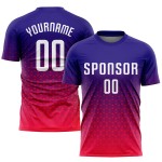 Maillot de football personnalisé par sublimation violet, blanc et rose vif Maillot de football personnalisé par sublimation violet, blanc et rose vif