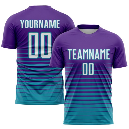 Maillot de football personnalisé à rayures fines violet, blanc et bleu sarcelle, imprimé par sublimation Maillot de football personnalisé à rayures fines violet, blanc et bleu sarcelle, imprimé par sublimation