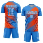 Maillot de football personnalisé à sublimation bleu poudre, orange et blanc Maillot de football personnalisé à sublimation bleu poudre, orange et blanc