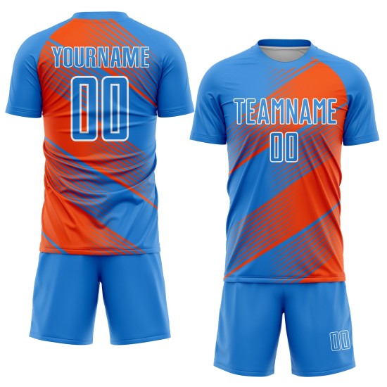 Maillot de football personnalisé à sublimation bleu poudre, orange et blanc Maillot de football personnalisé à sublimation bleu poudre, orange et blanc