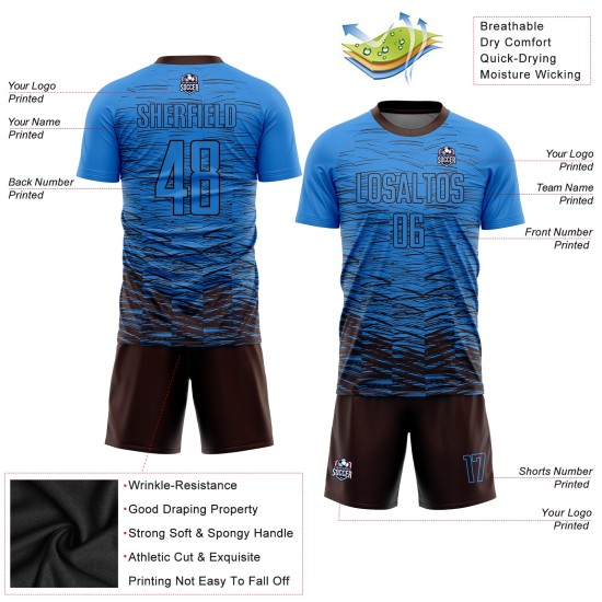 Maillot de football personnalisé bleu poudre marron par sublimation Maillot de football personnalisé bleu poudre marron par sublimation