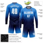Maillot de football personnalisé à manches longues, bleu poudre, blanc et bleu marine, imprimé par sublimation Maillot de football personnalisé à manches longues, bleu poudre, blanc et bleu marine, imprimé par sublimation