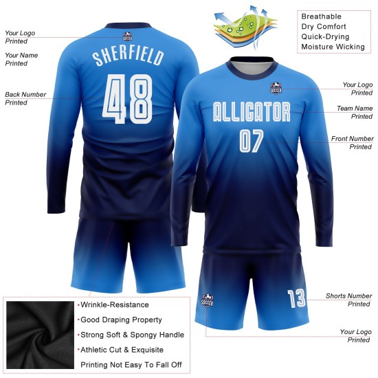Maillot de football personnalisé à manches longues, bleu poudre, blanc et bleu marine, imprimé par sublimation Maillot de football personnalisé à manches longues, bleu poudre, blanc et bleu marine, imprimé par sublimation