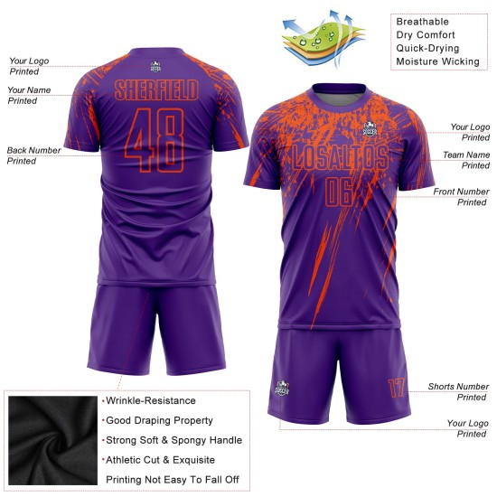 Maillot de football personnalisé violet orange par sublimation Maillot de football personnalisé violet orange par sublimation