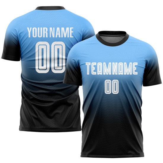Maillot de football personnalisé bleu poudre, blanc et noir, effet dégradé par sublimation Maillot de football personnalisé bleu poudre, blanc et noir, effet dégradé par sublimation