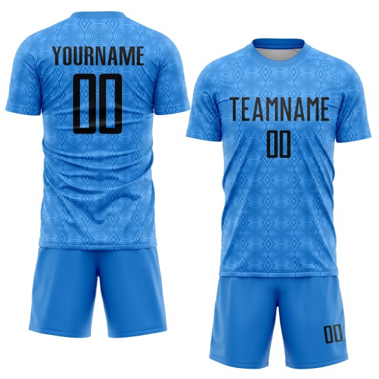 Maillot de football personnalisé à sublimation géométrique bleu poudre et noir Maillot de football personnalisé à sublimation géométrique bleu poudre et noir