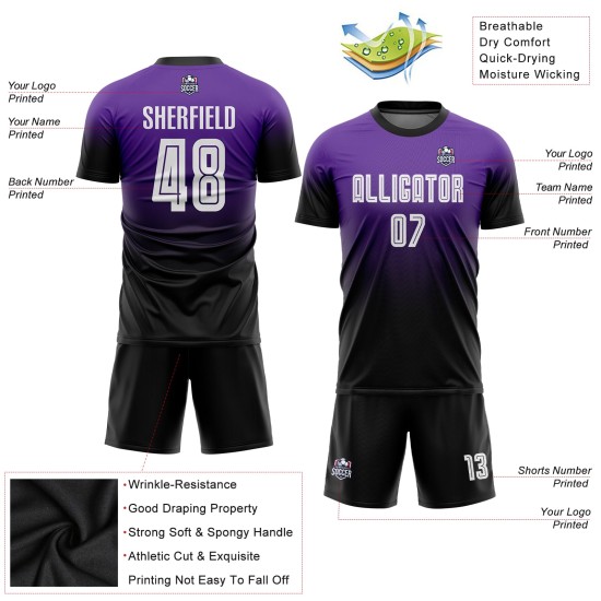 Maillot de football personnalisé violet, blanc et noir, effet dégradé par sublimation Maillot de football personnalisé violet, blanc et noir, effet dégradé par sublimation