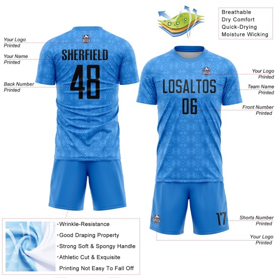 Maillot de football personnalisé à sublimation géométrique bleu poudre et noir Maillot de football personnalisé à sublimation géométrique bleu poudre et noir