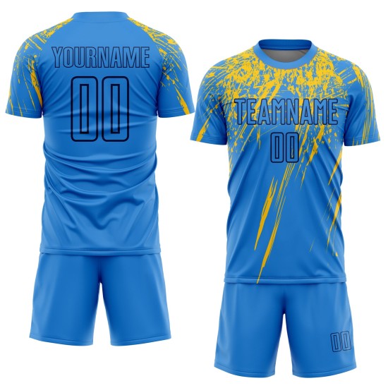 Maillot de football personnalisé bleu poudre, jaune et bleu marine, sublimé Maillot de football personnalisé bleu poudre, jaune et bleu marine, sublimé