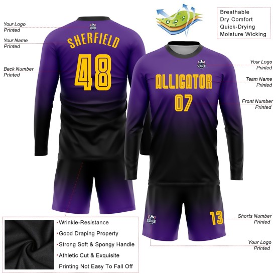 Maillot de football personnalisé à manches longues, violet, or et noir, avec sublimation Maillot de football personnalisé à manches longues, violet, or et noir, avec sublimation