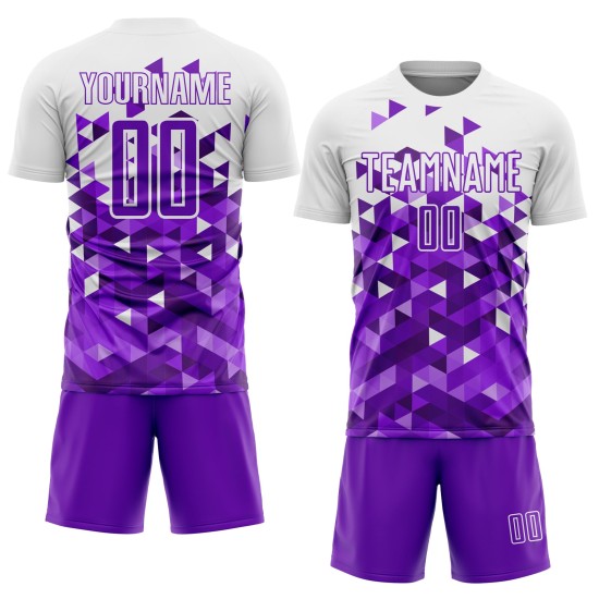 Maillot de football personnalisé à motif géométrique violet et blanc par sublimation Maillot de football personnalisé à motif géométrique violet et blanc par sublimation
