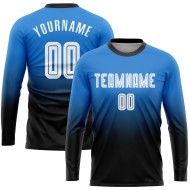 Maillot de football personnalisé à manches longues, bleu poudre, blanc et noir, imprimé par sublimation