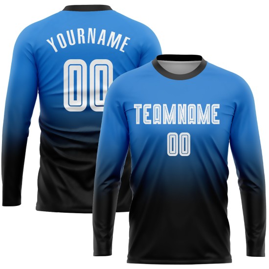 Maillot de football personnalisé à manches longues, bleu poudre, blanc et noir, imprimé par sublimation Maillot de football personnalisé à manches longues, bleu poudre, blanc et noir, imprimé par sublimation