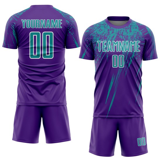 Maillot de football personnalisé à sublimation violet sarcelle-blanc Maillot de football personnalisé à sublimation violet sarcelle-blanc