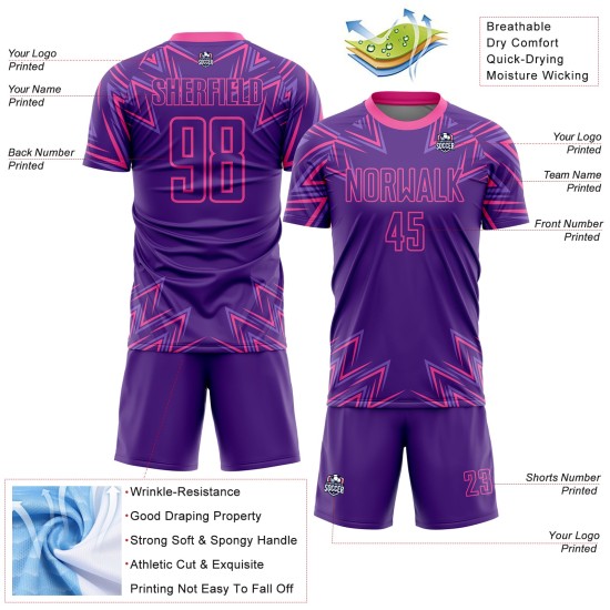 Maillot de football personnalisé à sublimation géométrique violet et rose Maillot de football personnalisé à sublimation géométrique violet et rose