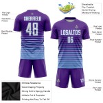 Maillot de football personnalisé à rayures fines violet, blanc et bleu clair, imprimé par sublimation Maillot de football personnalisé à rayures fines violet, blanc et bleu clair, imprimé par sublimation