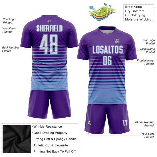 Maillot de football personnalisé à rayures fines violet, blanc et bleu clair, imprimé par sublimation Maillot de football personnalisé à rayures fines violet, blanc et bleu clair, imprimé par sublimation
