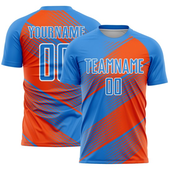 Maillot de football personnalisé à sublimation bleu poudre, orange et blanc Maillot de football personnalisé à sublimation bleu poudre, orange et blanc