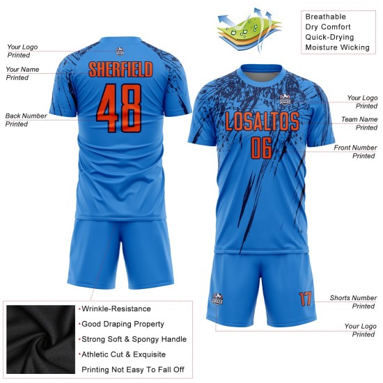 Maillot de football personnalisé bleu poudre, orange et bleu marine, sublimé Maillot de football personnalisé bleu poudre, orange et bleu marine, sublimé