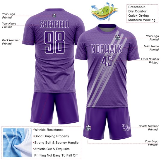 Maillot de football personnalisé à sublimation avec lignes diagonales violettes et blanches Maillot de football personnalisé à sublimation avec lignes diagonales violettes et blanches