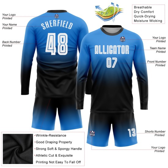 Maillot de football personnalisé à manches longues, bleu poudre, blanc et noir, imprimé par sublimation Maillot de football personnalisé à manches longues, bleu poudre, blanc et noir, imprimé par sublimation