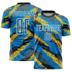 Maillot de football personnalisé bleu poudre, jaune et blanc, sublimation