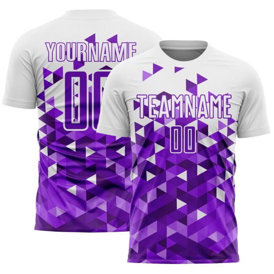 Maillot de football personnalisé à motif géométrique violet et blanc par sublimation Maillot de football personnalisé à motif géométrique violet et blanc par sublimation