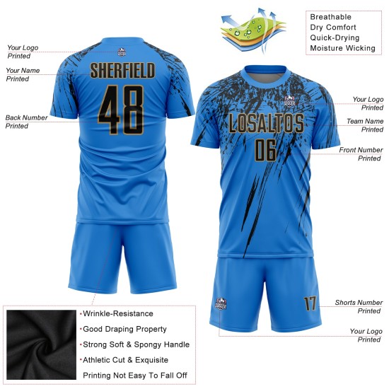 Maillot de football personnalisé à sublimation bleu poudre, noir et vieil or Maillot de football personnalisé à sublimation bleu poudre, noir et vieil or