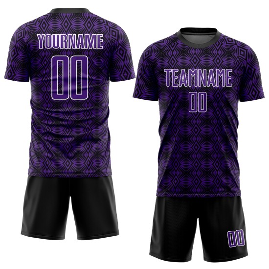 Maillot de football personnalisé à sublimation géométrique violet noir et blanc Maillot de football personnalisé à sublimation géométrique violet noir et blanc