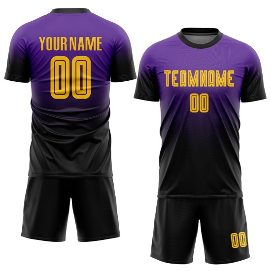 Maillot de football personnalisé violet, or et noir, effet dégradé par sublimation Maillot de football personnalisé violet, or et noir, effet dégradé par sublimation