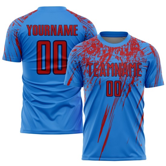 Maillot de football personnalisé bleu poudre, rouge et bleu marine, sublimé Maillot de football personnalisé bleu poudre, rouge et bleu marine, sublimé