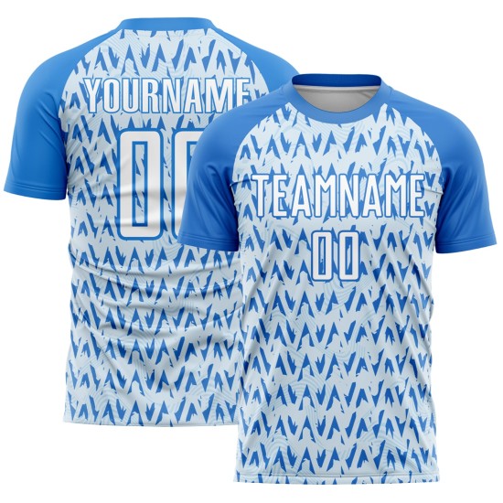 Maillot de football personnalisé à motif géométrique abstrait bleu poudre, blanc et argent, sublimation Maillot de football personnalisé à motif géométrique abstrait bleu poudre, blanc et argent, sublimation