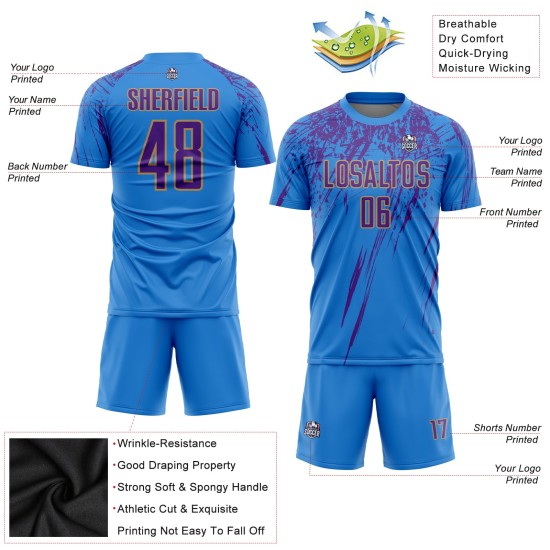 Maillot de football personnalisé à sublimation bleu poudre, violet et vieil or Maillot de football personnalisé à sublimation bleu poudre, violet et vieil or
