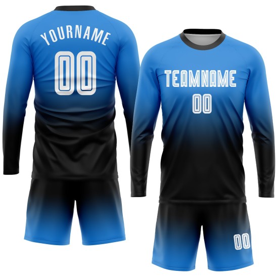 Maillot de football personnalisé à manches longues, bleu poudre, blanc et noir, imprimé par sublimation Maillot de football personnalisé à manches longues, bleu poudre, blanc et noir, imprimé par sublimation