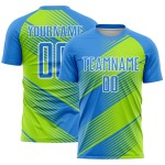 Maillot de football personnalisé à sublimation bleu poudre, vert fluo et blanc Maillot de football personnalisé à sublimation bleu poudre, vert fluo et blanc