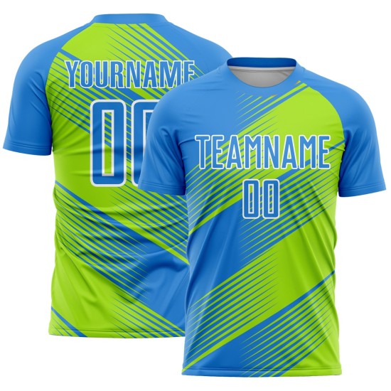 Maillot de football personnalisé à sublimation bleu poudre, vert fluo et blanc Maillot de football personnalisé à sublimation bleu poudre, vert fluo et blanc