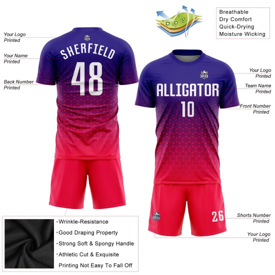 Maillot de football personnalisé par sublimation violet, blanc et rose vif Maillot de football personnalisé par sublimation violet, blanc et rose vif