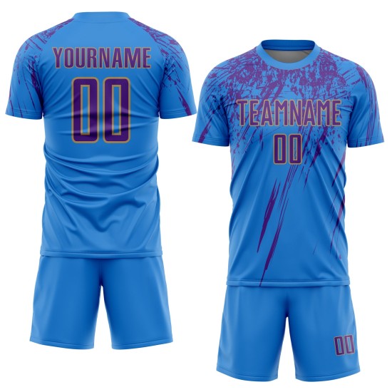 Maillot de football personnalisé à sublimation bleu poudre, violet et vieil or Maillot de football personnalisé à sublimation bleu poudre, violet et vieil or