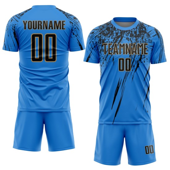 Maillot de football personnalisé à sublimation bleu poudre, noir et vieil or Maillot de football personnalisé à sublimation bleu poudre, noir et vieil or