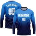 Maillot de football personnalisé à manches longues, bleu poudre, blanc et bleu marine, imprimé par sublimation Maillot de football personnalisé à manches longues, bleu poudre, blanc et bleu marine, imprimé par sublimation