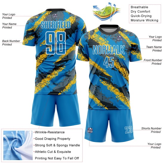 Maillot de football personnalisé bleu poudre, jaune et blanc, sublimation