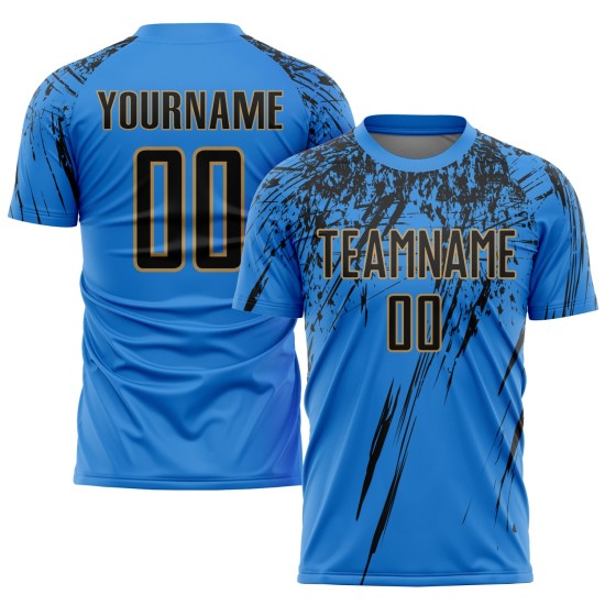 Maillot de football personnalisé à sublimation bleu poudre, noir et vieil or Maillot de football personnalisé à sublimation bleu poudre, noir et vieil or