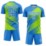 Maillot de football personnalisé à sublimation bleu poudre, vert fluo et blanc Maillot de football personnalisé à sublimation bleu poudre, vert fluo et blanc