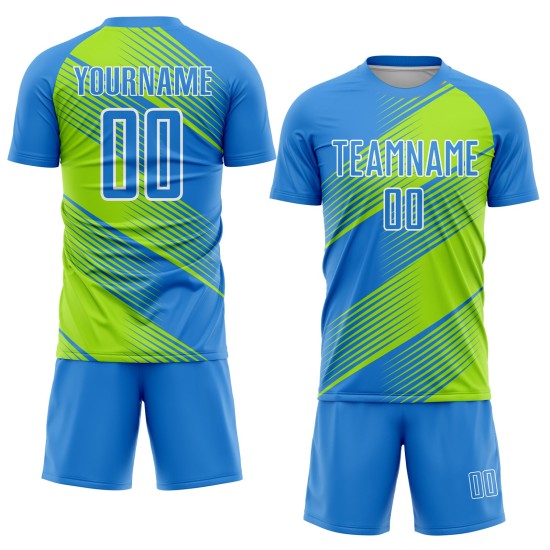 Maillot de football personnalisé à sublimation bleu poudre, vert fluo et blanc Maillot de football personnalisé à sublimation bleu poudre, vert fluo et blanc