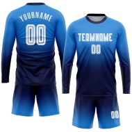 Maillot de football personnalisé à manches longues, bleu poudre, blanc et bleu marine, imprimé par sublimation Maillot de football personnalisé à manches longues, bleu poudre, blanc et bleu marine, imprimé par sublimation