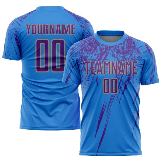 Maillot de football personnalisé à sublimation bleu poudre, violet et vieil or Maillot de football personnalisé à sublimation bleu poudre, violet et vieil or
