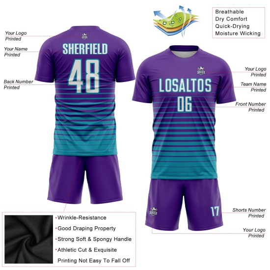 Maillot de football personnalisé à rayures fines violet, blanc et bleu sarcelle, imprimé par sublimation Maillot de football personnalisé à rayures fines violet, blanc et bleu sarcelle, imprimé par sublimation